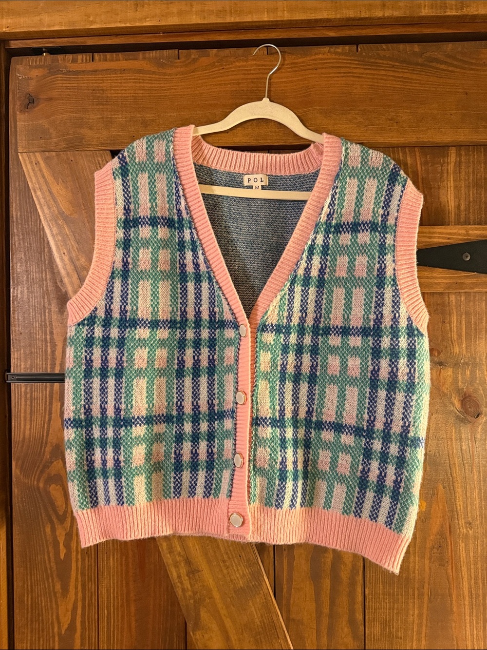 POL Pink and Mint Plaid Knit Button-Front Sweater Vest